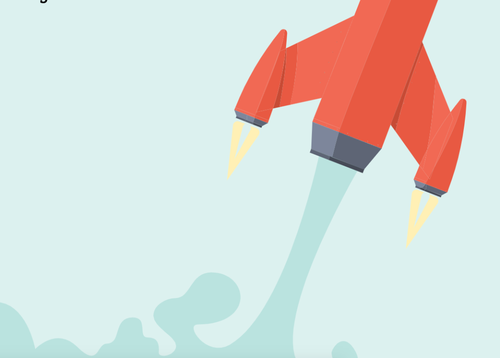 Illustration föreställande en en röd raket mot blå bakgrund. Illustrationen ska exemplifiera hur du snabbar på dina processer med hjälp av Knowledge management